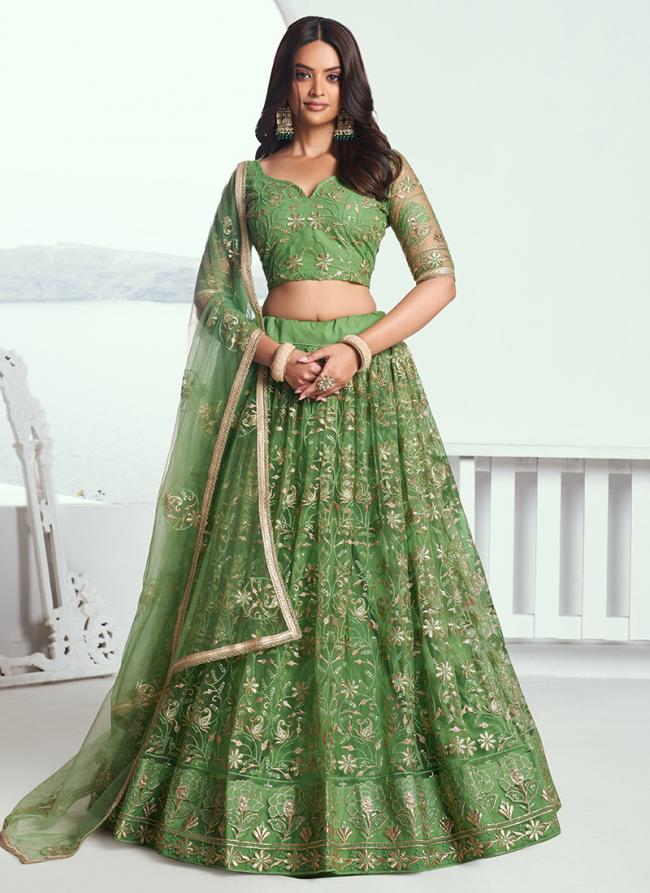 Butterfly Net Pista Green Wedding Wear Sequins Work Lehenga Choli